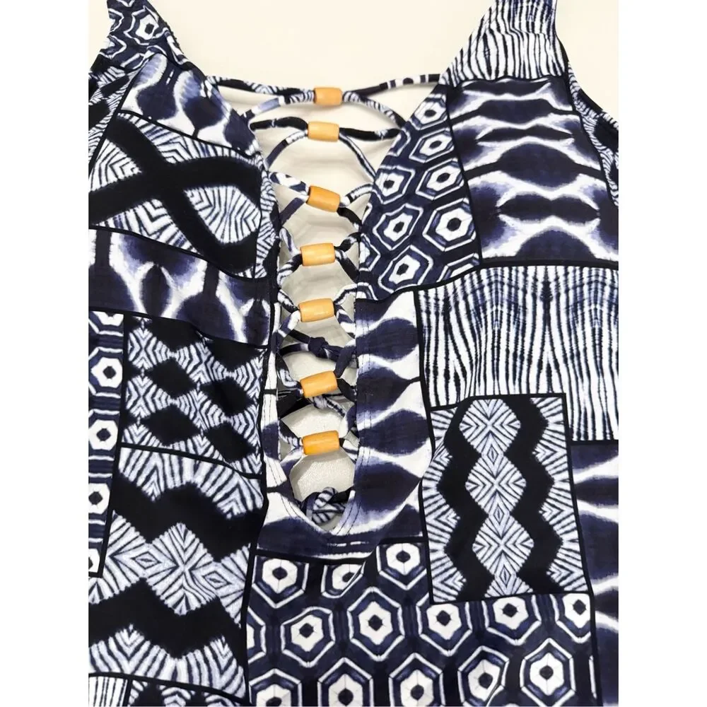 Bleu Rod Beattie Navy Multi‎ Print Bamboo Island Time One Piece Swimsuit 14 NWT
